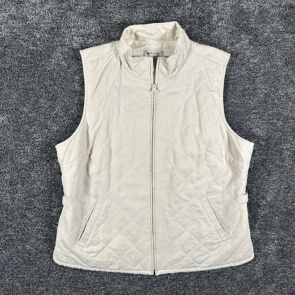 Orvis Vest Womens Large Cream Quilted Full Zip Mock Neck Pockets Sleeveless Wear